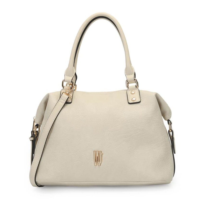 Bolsa WJ off white vista frontal com alças duplas e alça tiracolo, acabamento texturizado e ferragens douradas